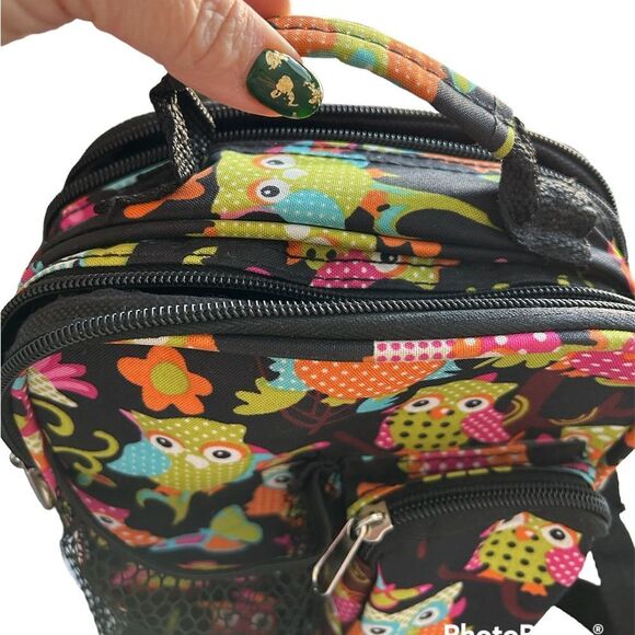 Owl Colorful Print Black Canvas Multi Compartment Crossbody Shoulder Bag - Picture 3 of 6